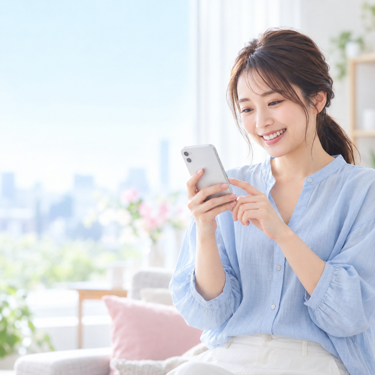 明るい部屋でスマートフォンを見る女性